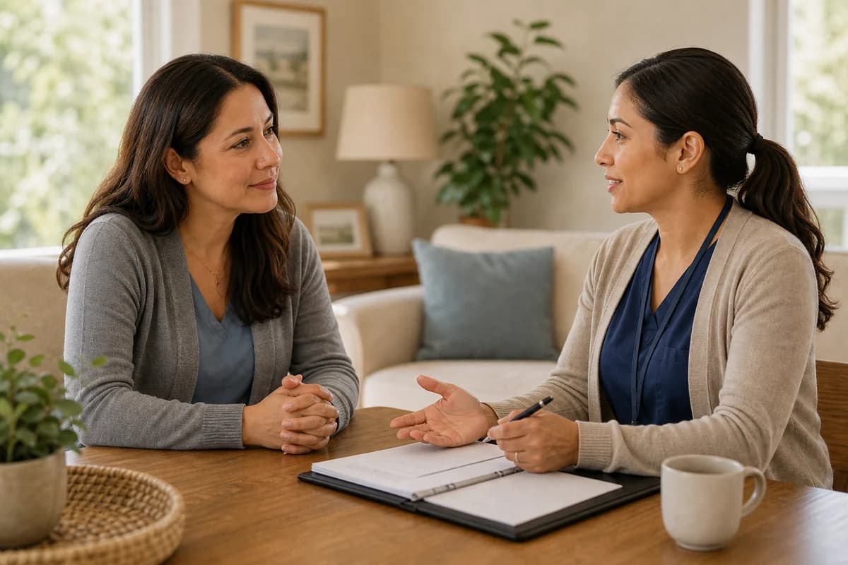 Caregiver and home health professional in conversation